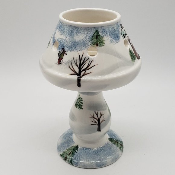 Elements Small Ceramic Spongeware Winter Skiing Trees Scene Tealight Candle Lamp - Picture 8 of 12